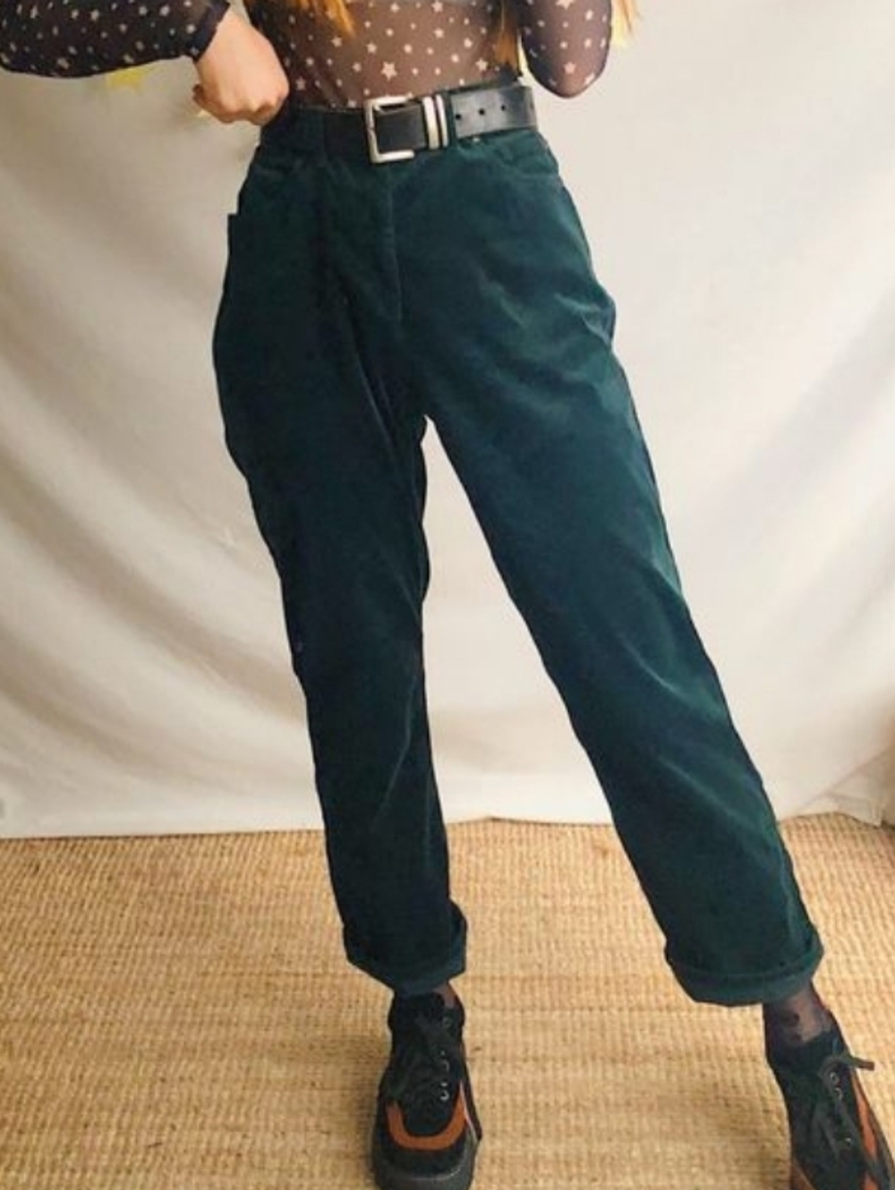 Women's  Vintage Dark Green Corduroy Pants  Classic Pleated Trousers Size 12